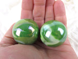 2 Boulders 35mm (1 3/8") FUNGUS Marbles glass ball Green White Iridescent large Swirl